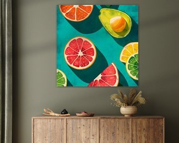 Kleurrijke fruitselectie op een blauwe achtergrond van Poster Art Shop