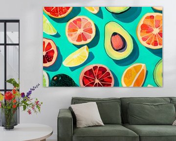 Kleurrijke fruitsoort op turkoois van Poster Art Shop