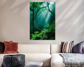 Lichtstralen in het groene bos van Poster Art Shop