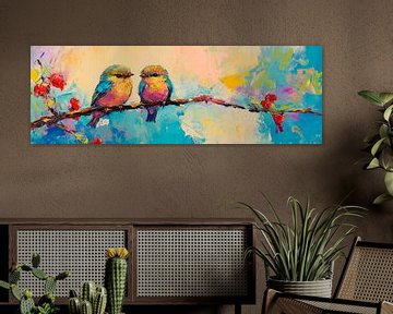 Verliefde vogels in een uitbarsting van kleur van Poster Art Shop