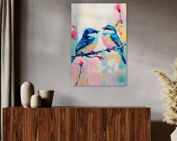 Twee vogels in de kleurrijke lente van Poster Art Shop