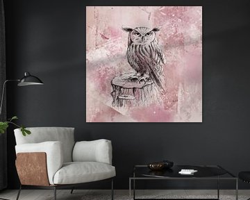 Pentekening uil ingekleurd in oud roze tinten van Emiel de Lange