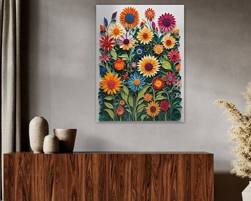 Papieren bloemen in een levendig kunstwerk