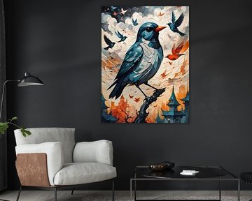 Abstracte vogel in levendig stadslandschap