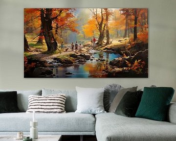 herbstlicher Wald in vielen bunten Farben mit einem Bachlauf und Kindern die spielen mit den Laubblättern, Kunst Design