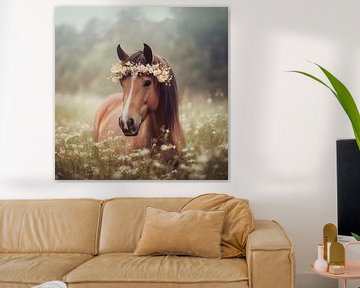 Bloeiend paard in de ochtendmist van Poster Art Shop