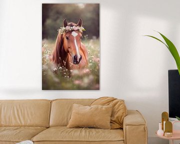 Bloeiend paard in een bloemenveld van Poster Art Shop