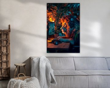 The playing lion on the computer by Poster Art Shop