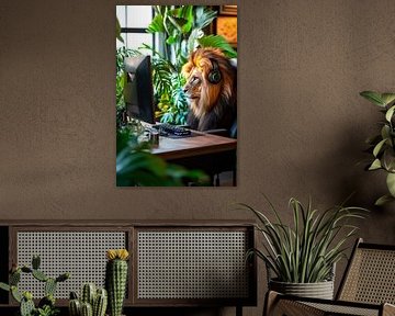 The playing lion on the computer by Poster Art Shop