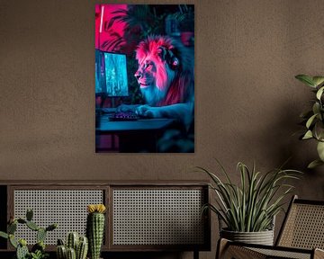 Spelende leeuw in neonkleurige nacht van Poster Art Shop