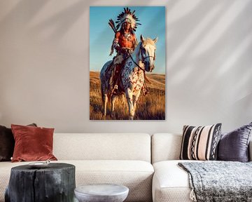 Indiaans opperhoofd op een wit paard van Poster Art Shop