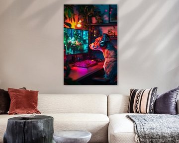 Hond op de spelcomputer in het lichte spel van Poster Art Shop