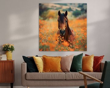 Paard in bloeiende weiden van Poster Art Shop