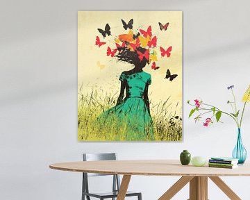 Girl in Turquoise Dress with Butterflies of Thoughts by Color Square