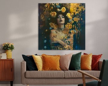 Een Mystieke Schoonheid omringd door Gouden Bloemen in een Dromerige Wereld van Glitzy Fusion Frames