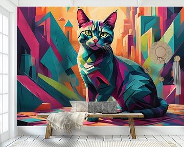 Abstrakte Katze umgeben von leuchtenden Farben