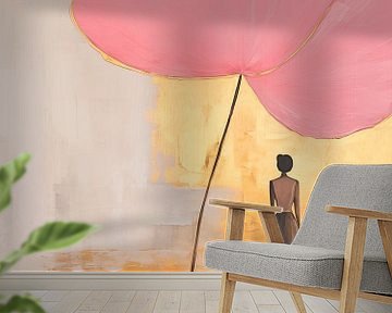 Japandi, Vrouw en Waterlelie in Goud en Roze van Caroline Guerain