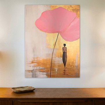 Japandi, Vrouw en Waterlelie in Goud en Roze van Caroline Guerain