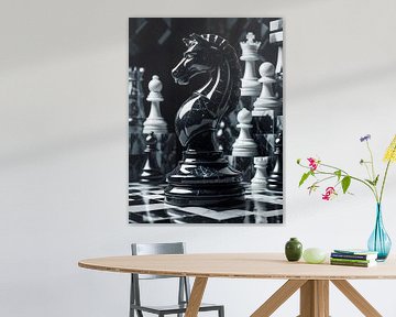 Marmeren schaakstukken in een kubistisch decor