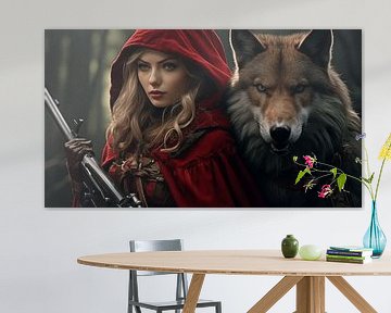 Mystieke vrouw met rode mantel en wolf van Animaflora PicsStock