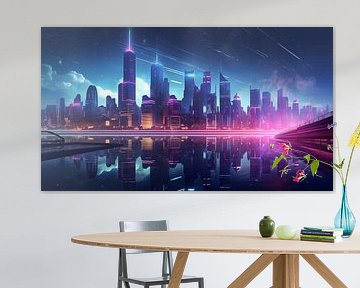 Moderne cyberpunk skyline bij nacht met neonlichten, kunstontwerp van Animaflora PicsStock