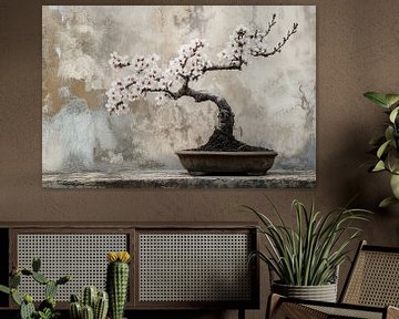Bonsai stilleven van een amandelbloesem van Digitale Schilderijen