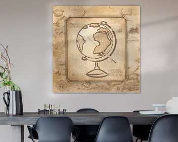 Wereldbol met wijzer. Vintage kunstwerk in ouderwetse stijl voor aardrijkskundeleraren. van SergeivoArt