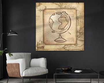 Wereldbol met wijzer. Vintage kunstwerk in ouderwetse stijl voor aardrijkskundeleraren. van SergeivoArt