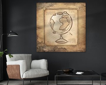 Wereldbol met wijzer. Vintage kunstwerk in ouderwetse stijl voor aardrijkskundeleraren. van SergeivoArt