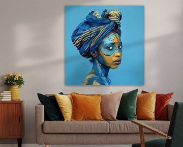 Intriguing Woman with Blue and Yellow Facial Art and Turban by Glitzy Fusion Frames
