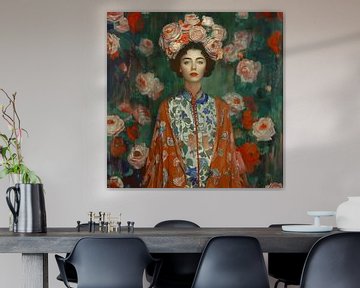 Elegante Vrouw in Traditionele Kimono omringd door Bloemen van Glitzy Fusion Frames