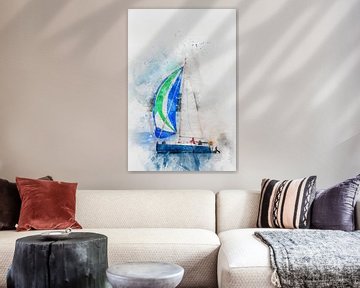 Zeilboot met een blauw groen zeil (kunst) van Art by Jeronimo