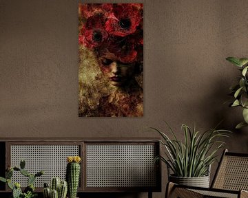 Melancholisch Portret met Dieprode Bloemenkroon van Color Square
