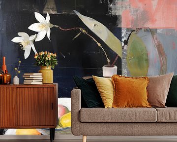 Modernes Stillleben mit Blumen und Früchten