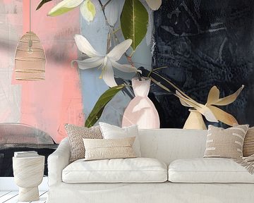 Modernes Stillleben mit Blumen und Früchten