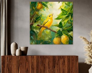 Gele vogel in de boomgaard van Poster Art Shop