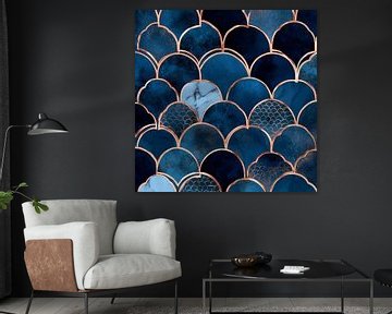 Elegante golven in blauw en goud van Poster Art Shop