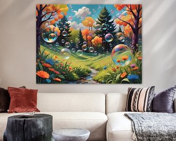 Zeepbellen dansen in landschap