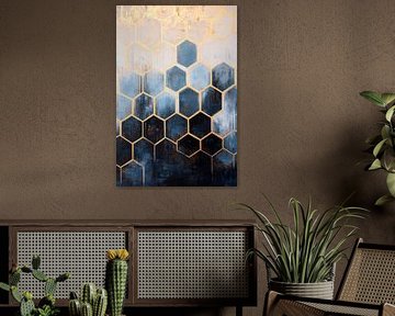 Hexagonal pattern in gold and blue by Poster Art Shop