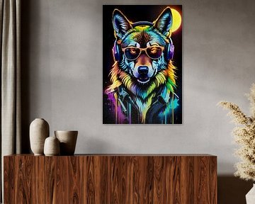 Wolf met bril en koptelefoon, muziek luisteren, neonkunst van Makar Mokrynskyi