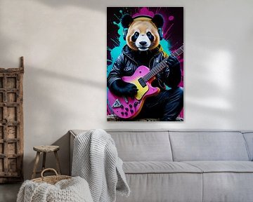 Panda speelt roze gitaar neon kunst van Makar Mokrynskyi