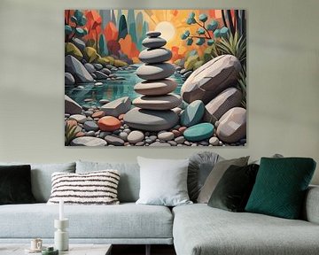 Een serene stapel stenen langs het water