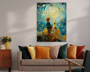 Jongen en hond in het maanlicht Stijl Vincent van Gogh