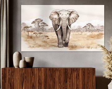 Eléphant marchant dans un champ, dessin, dessin au crayon d'éléphant de style vintage