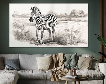 Zèbre marchant dans un champ, dessin, dessin au crayon zèbre de style vintage.