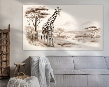 Giraffe loopt in een veld, tekening, vintage stijl giraffe potloodtekening. van Animaflora PicsStock