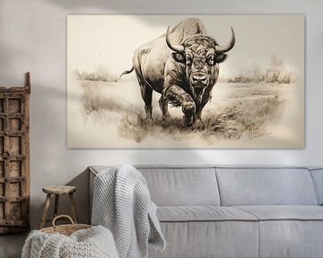 Buffle courant dans un champ, dessin, dessin au crayon de buffle de style vintage.