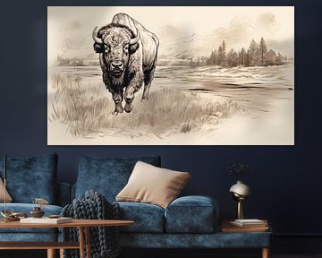 Buffle courant dans un champ, dessin, dessin au crayon de buffle de style vintage.