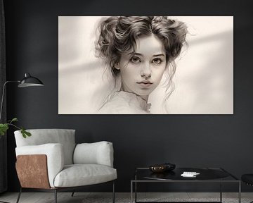 Dessin de portrait de femme, dessin au crayon de style vintage