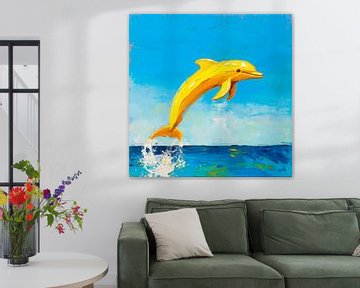 Sprong van een gele dolfijn van Poster Art Shop
